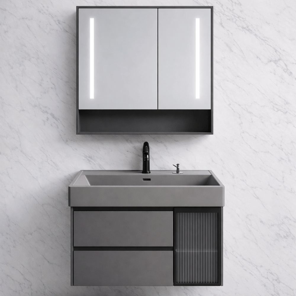 LED touch bathroom mirror cabinet grey wood finish 80x50 cm