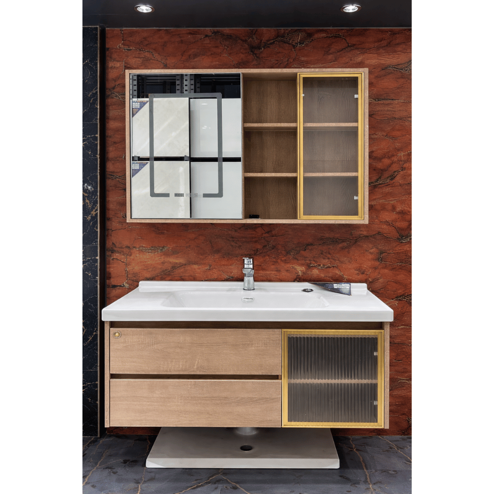 wood color bathroom cabinet